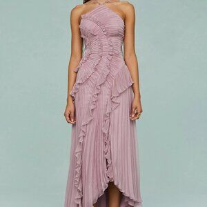 Halter Neck Pleated Backless Dress in Pink Size S